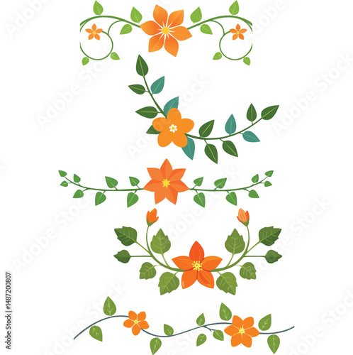 Orange flower vine borders floral design elements