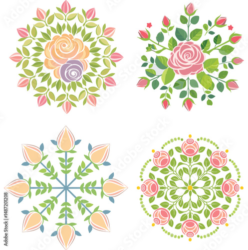 Pastel rose floral designs circular mandala patterns