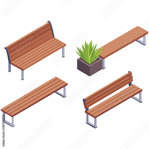 Isometric Park Benches Illustration Urban Outdoor Furniture Design