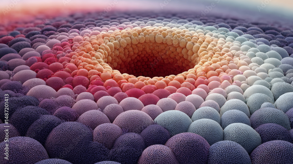 Fototapeta premium A visually captivating 3D-rendered composition featuring a circular matrix pattern that rises in a soft gradient hump. Generative AI