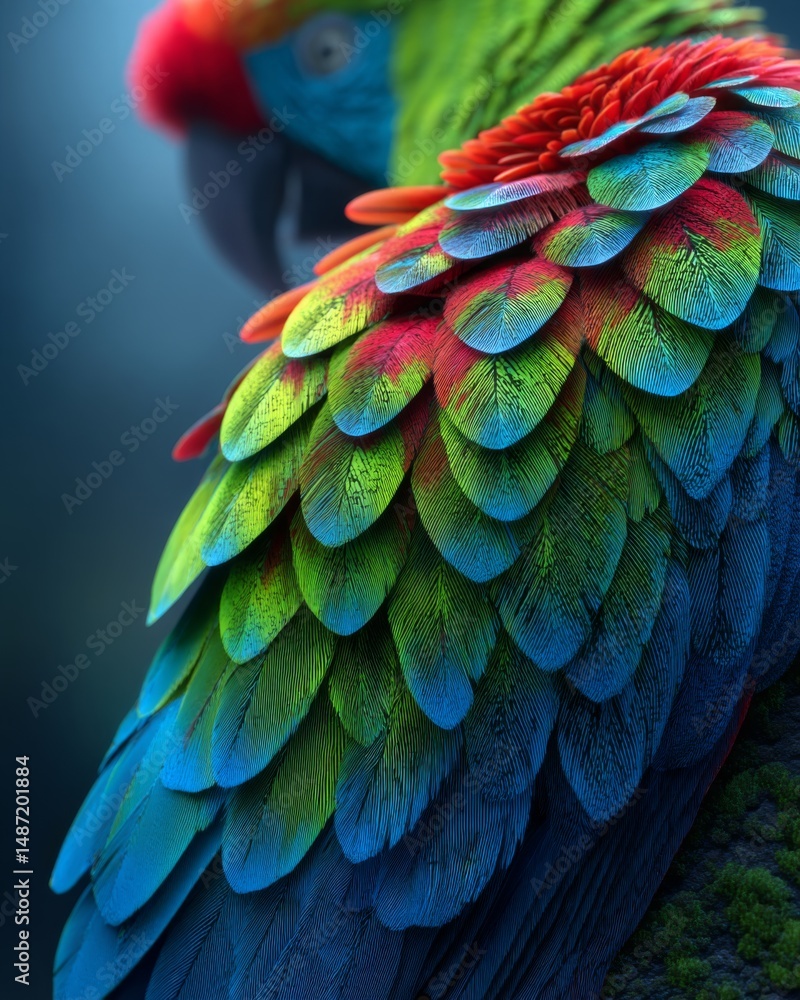 Fototapeta premium vivid close-up of a tropical parrot showing intricate colorful feathers, bright green, blue, and red tones