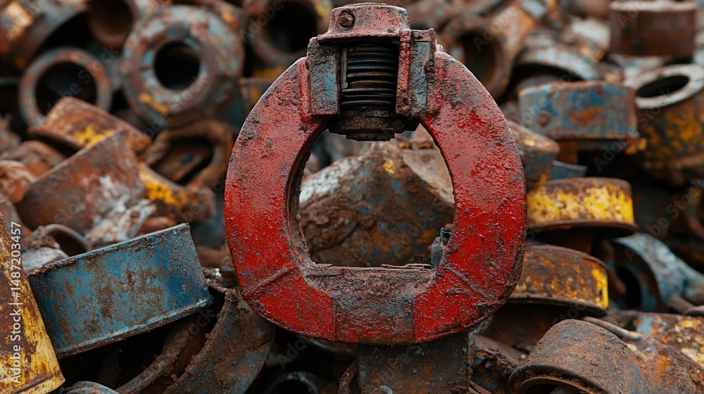 Rusted metal clamp surrounded by scrap metal. Rusted metal clamp surrounded by scrap metal.