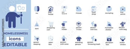 Editable line icons illustrating homelessness, social issues, shelters, and outreach—ideal for nonprofits and awareness media.