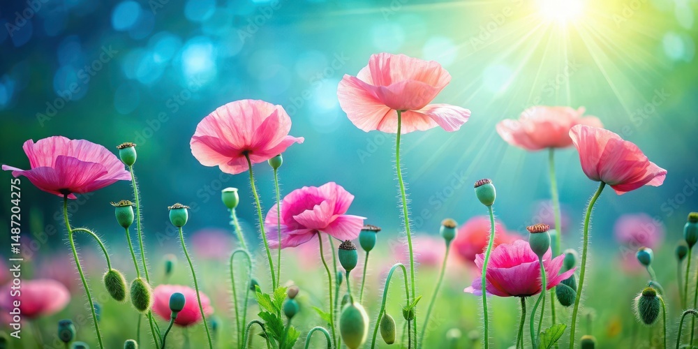 Fototapeta premium Delicate pink poppy flowers blooming in a lush green meadow on a serene blue background with soft sunlight filtering through the scene , nature, garden