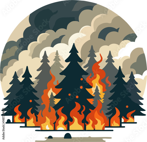 Flat Vector Illustration of Forest Fire with Dense Smoke and Burning Pine Trees – Wildfire Climate Crisis Concept