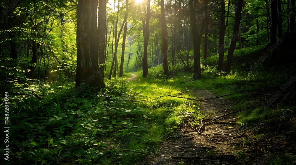 Fototapeta premium Sunlit Forest Path Through Green Trees with Sunlight Shining Down During Daytime