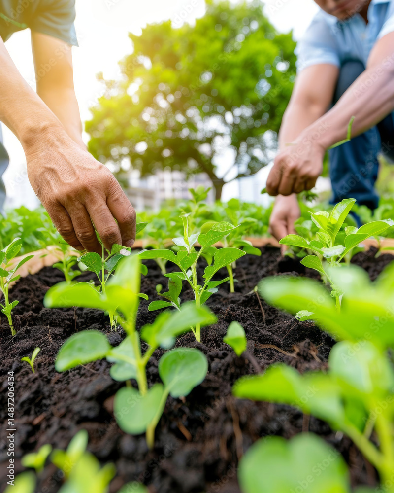 Gardening hands planting seedlings in rich soil, nurturing growth and sustainability Gardening hands planting seedlings in rich soil, nurturing growth and sustainability