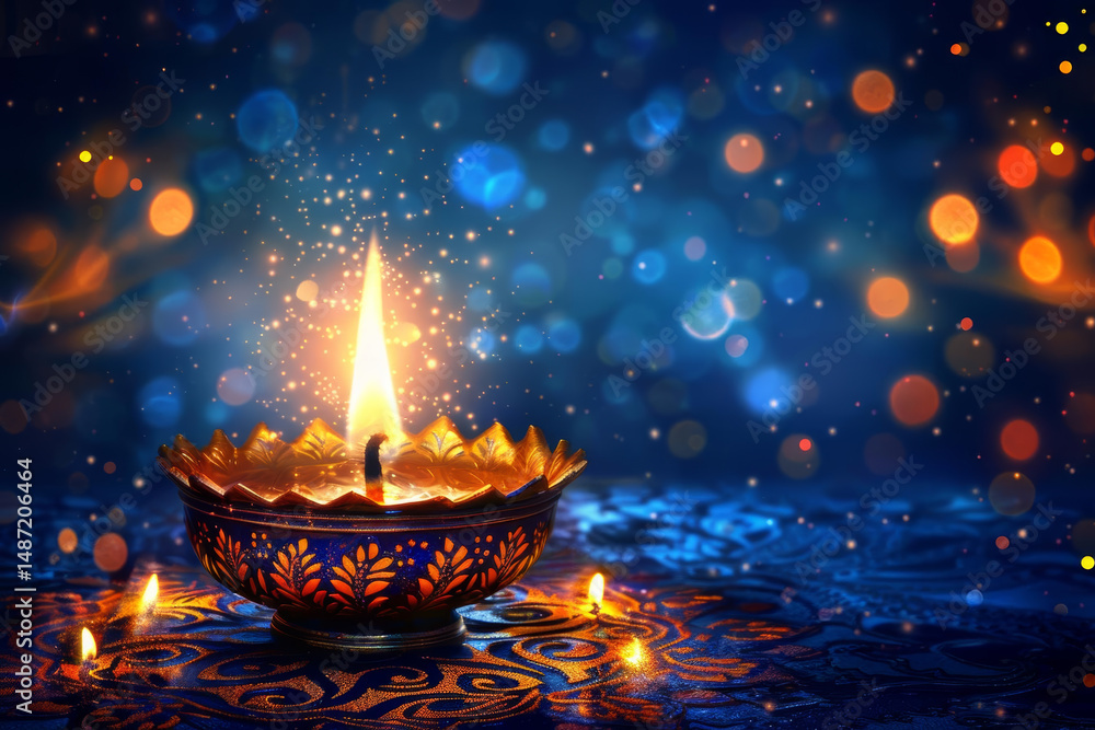 Glowing diya illuminates dark blue background, creating serene and festive atmosphere Glowing diya illuminates dark blue background, creating serene and festive atmosphere