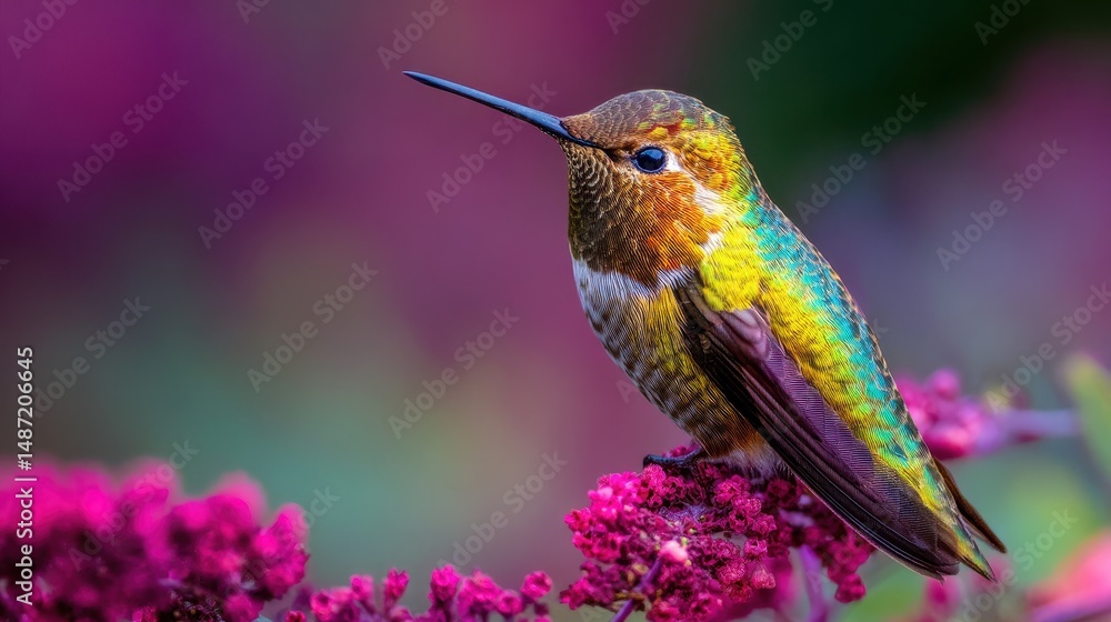 Fototapeta premium Close-Up of Vibrant Hummingbird Perched on Colorful Flower with Purple and Pink Background During Sunny Day in Nature