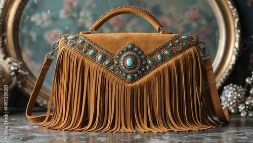 Vintage accessories fringe suede handbag antique fashion looks on vintage mirror background