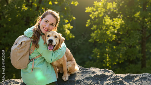 Summer Hike with Golden Retriever in Lush Green Forest