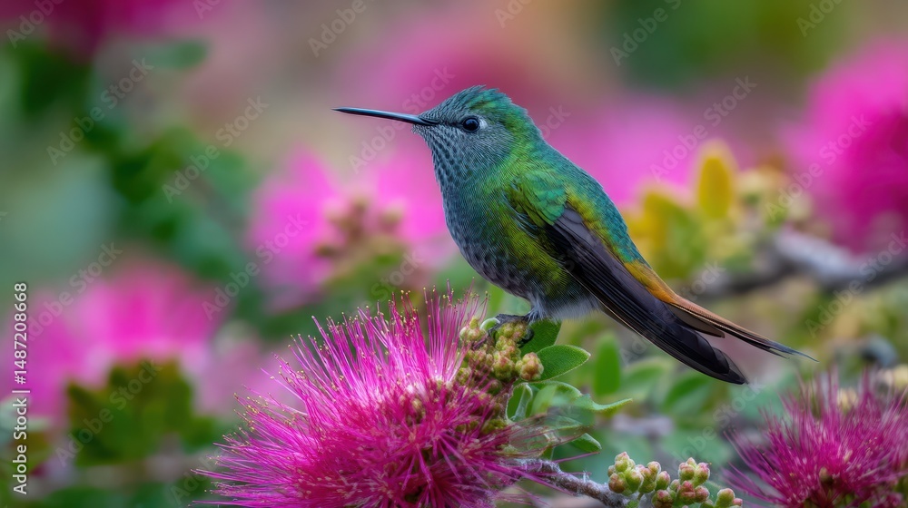 Fototapeta premium Colorful hummingbird perched on vibrant pink flowers against a blurred background of lush greenery capturing the beauty of nature in springtime