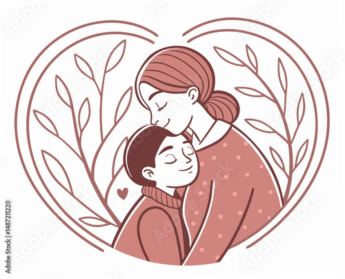 Woman and child hugging in heart-shaped floral design  