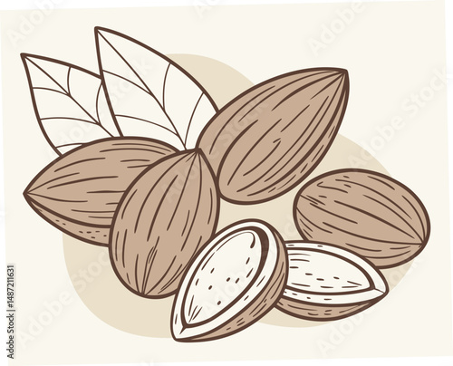 Almonds with leaves in a simple illustration style  