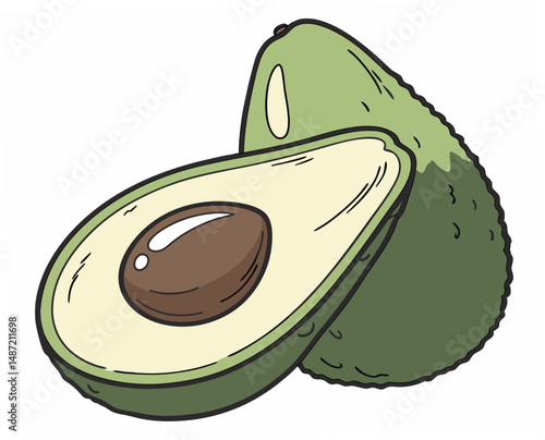 Avocado halves displayed with seed showing on white background  
