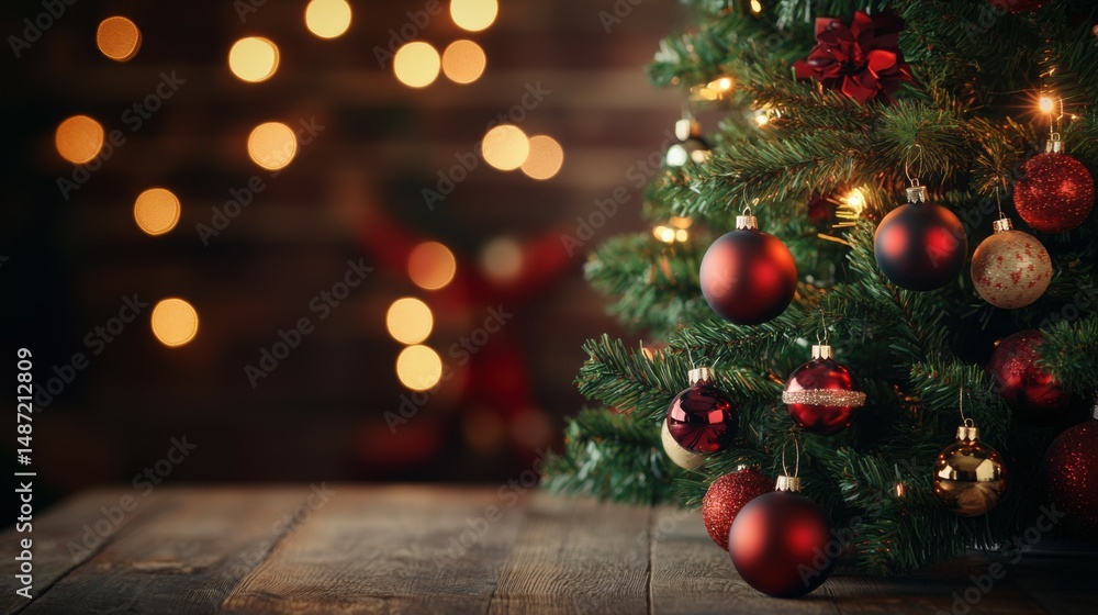 Christmas tree with decorations. Table and wall free space in background. Christmas tree with decorations. Table and wall free space in background.