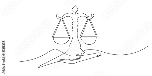 continuous line hand with legal scales.single line drawing of open hand with scales.single line vector for justice,law,lawyer concept