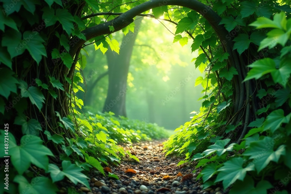 Fototapeta premium Thick vines, vibrant emerald leaves, dappled light, wilderness, leaves