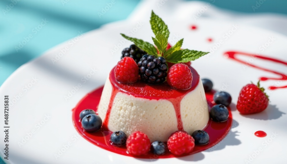 Delicious creamy panna cotta dessert topped with fresh mixed berries and vibrant mint leaves served with berry sauce on a white plate Delicious creamy panna cotta dessert topped with fresh mixed berries and vibrant mint leaves served with berry sauce on a white plate