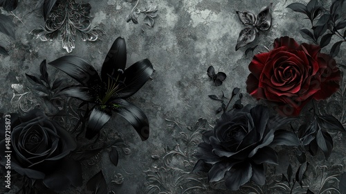 Dark, dramatic floral design with black lilies and roses on a textured background.