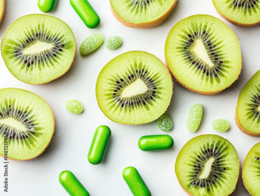 Fototapeta premium Fresh kiwi slices and green supplements arranged on a white background.