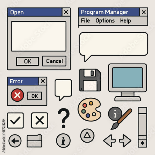 Vintage Interface Elements: Retro digital graphic components, evoke the feel of early computing and design. These illustrated widgets, icons.