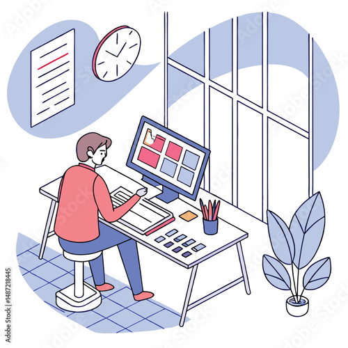 Creative Workflow: A dedicated individual sits at a desk, engrossed in their work at a computer, meticulously crafting designs, with essential tools and elements to enhance creativity
