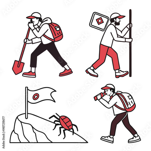 Bug Hunters: A team of four illustrators, depicted in dynamic poses, embark on a quest to conquer a bug symbolizing software debugging. The images showcase various problem-solving actions