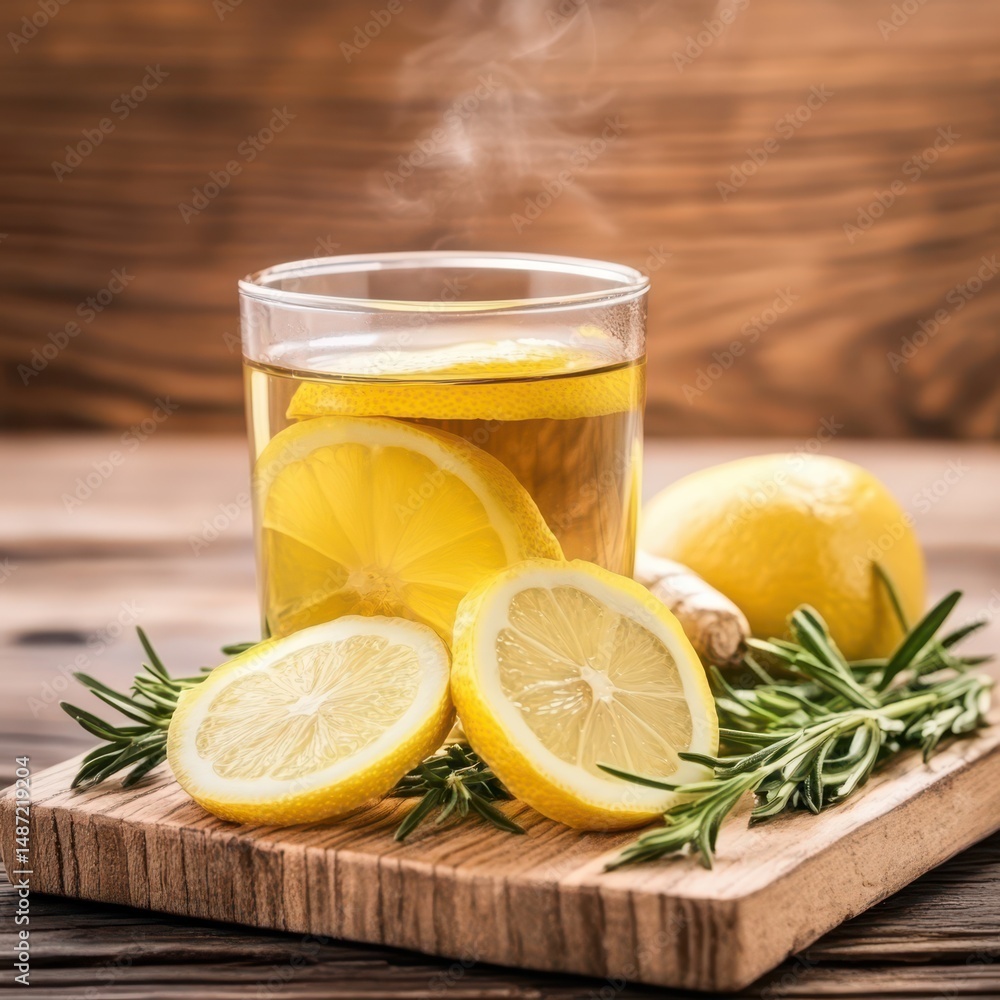 Invigorating Lemon Infusion: Experience the refreshing aroma of a steaming cup of lemon and herbs, offering a moment of tranquility amidst a wooden ambiance. Invigorating Lemon Infusion: Experience the refreshing aroma of a steaming cup of lemon and herbs, offering a moment of tranquility amidst a wooden ambiance.