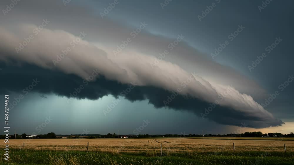 Dark storm clouds rolling over a flat landscape during twilight Dark storm clouds rolling over a flat landscape during twilight