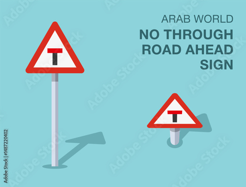 Traffic regulation rules. Isolated Arab world "no through road ahead" road sign. Front and top view. Flat vector illustration template.