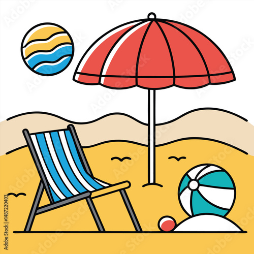 Cartoon depiction of a sunny beach scene with a red umbrella beach chair and ball