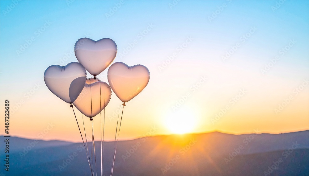 Fototapeta premium A warm atmosphere with translucent heart-shaped balloons floating in the sky