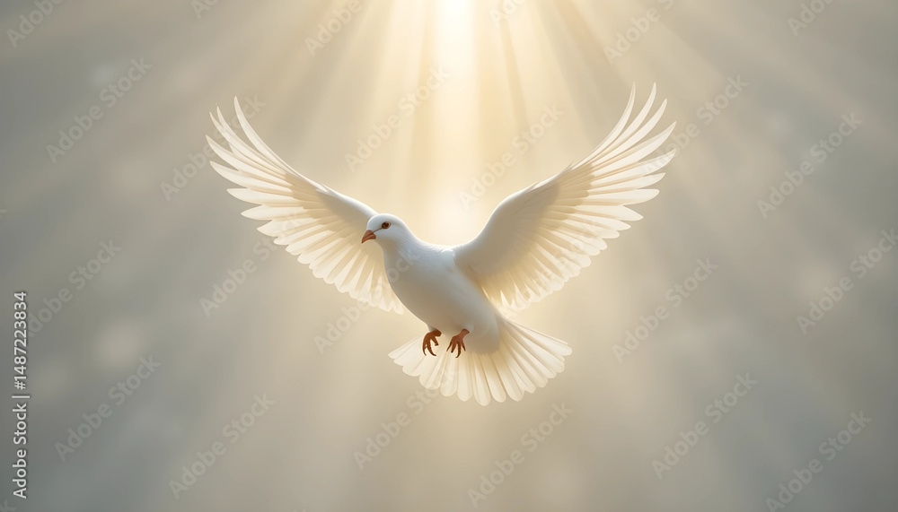 Obraz premium White Dove with Divine Light, Symbol of the Holy Spirit - A white dove flying under heavenly light