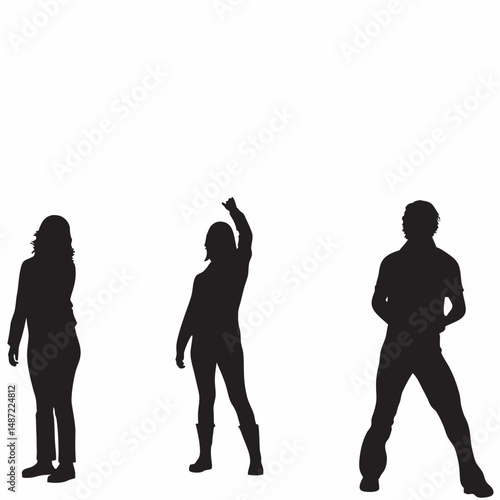 Black vector silhouettes of people, including a fashion-forward woman and dancing figures, offer a striking illustration of human forms in outline