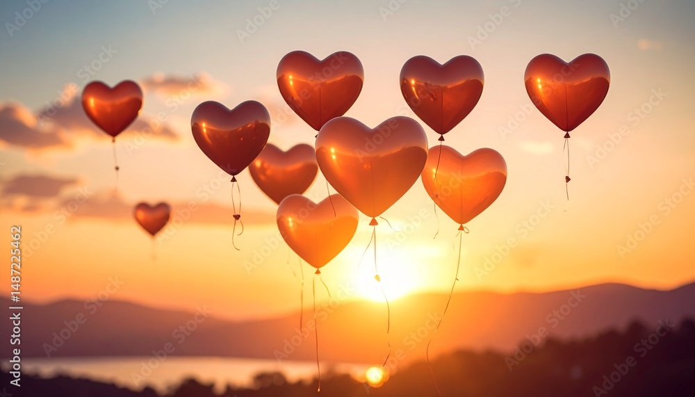 A warm atmosphere with translucent heart-shaped balloons floating in the sky A warm atmosphere with translucent heart-shaped balloons floating in the sky