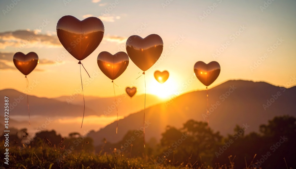 Fototapeta premium A warm atmosphere with translucent heart-shaped balloons floating in the sky