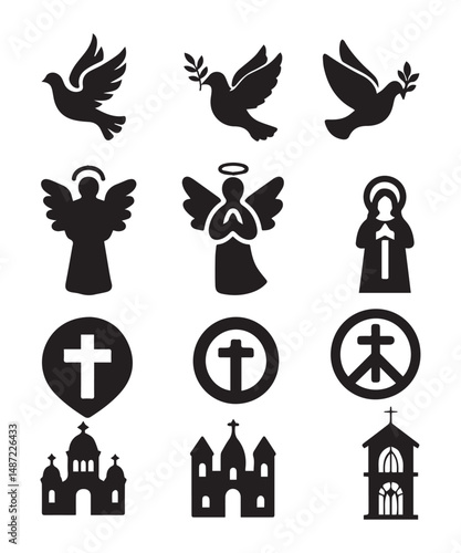 Christian Religious Icons – Dove, Angel, Cross, Church Silhouettes.