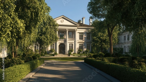 Neoclassical House Facade with Symmetrical Design and Lush Landscaping