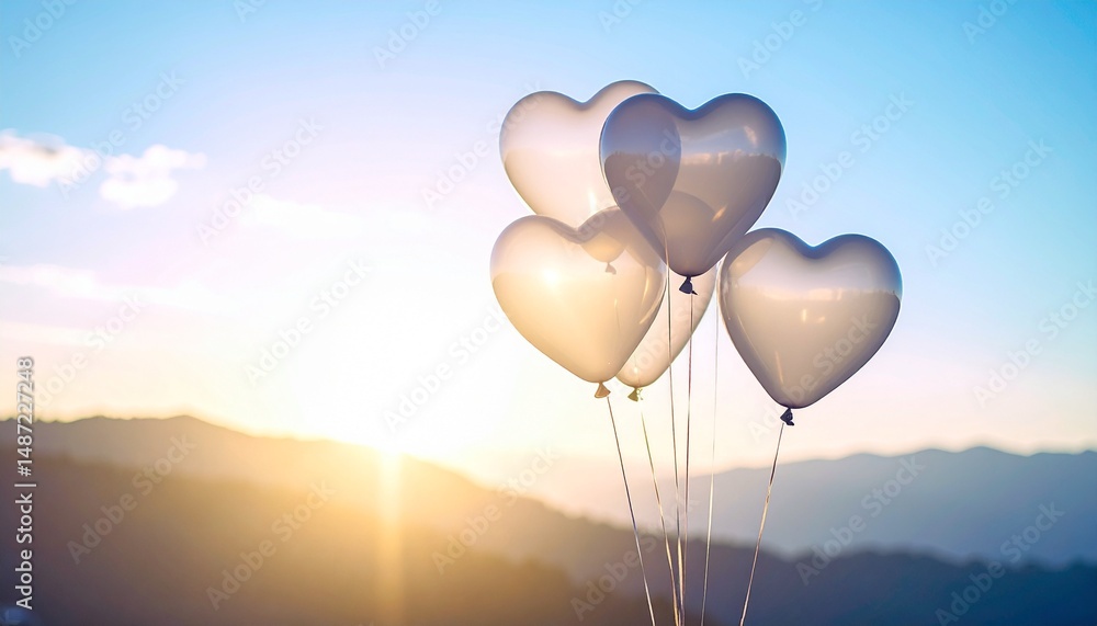 Fototapeta premium A warm atmosphere with translucent heart-shaped balloons floating in the sky