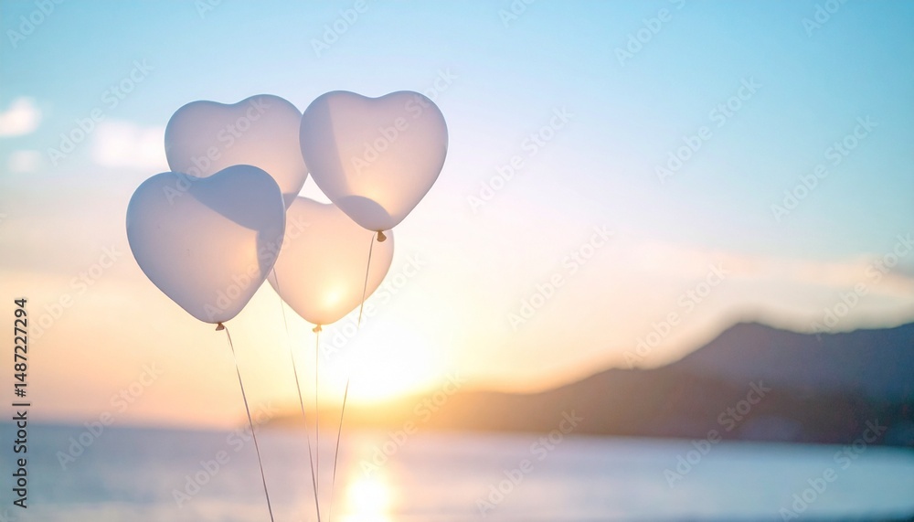 Fototapeta premium A warm atmosphere with translucent heart-shaped balloons floating in the sky