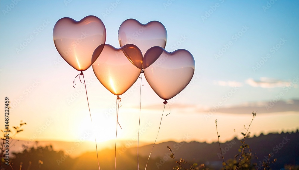 Fototapeta premium A warm atmosphere with translucent heart-shaped balloons floating in the sky
