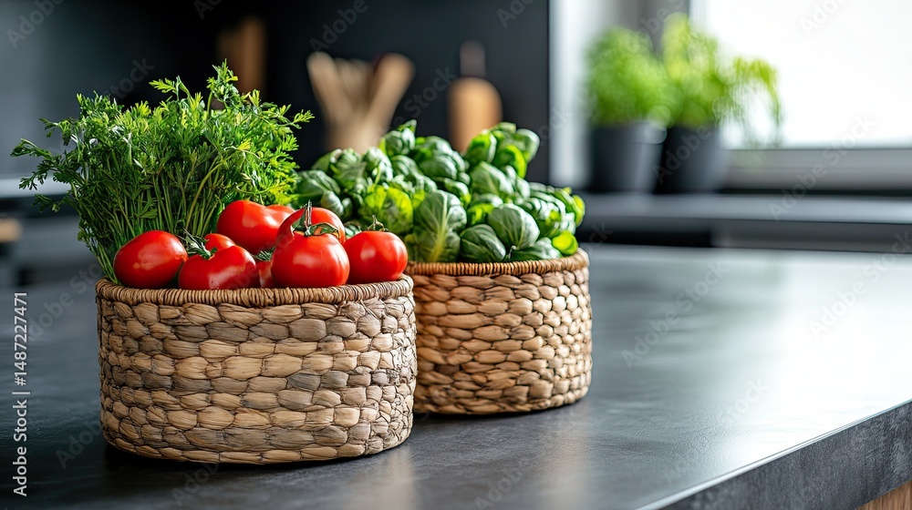 Fototapeta premium Fresh produce in woven baskets on a kitchen countertop for eco-friendly and sustainable design.