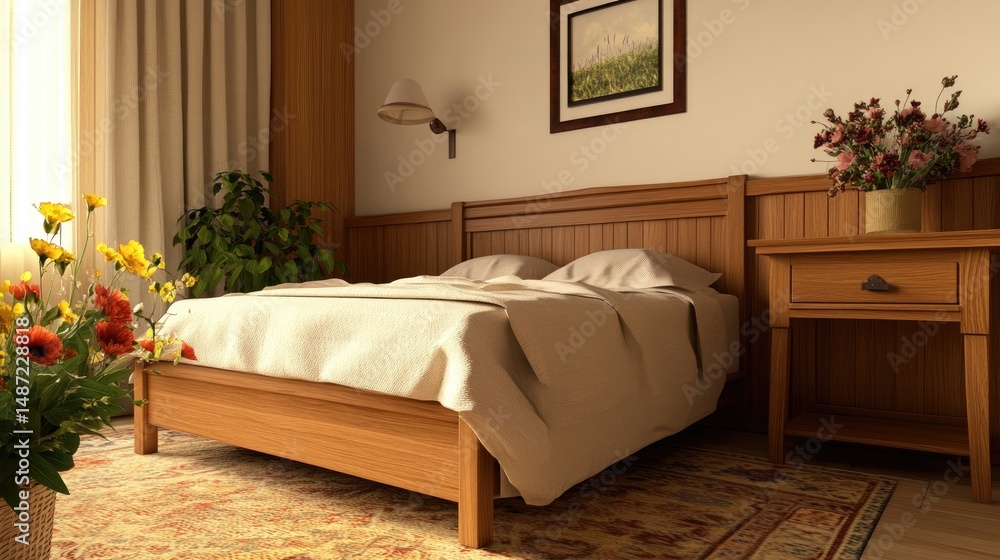 Fototapeta premium Hotel room with single bed, wooden nightstand, and flowers