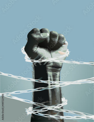The symbol of a raised fist is associated with resistance against injustice and struggle and the white wire chain wrapped around it, suggests liberation or the struggle for freedom.