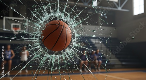 Basketball through shattered glass