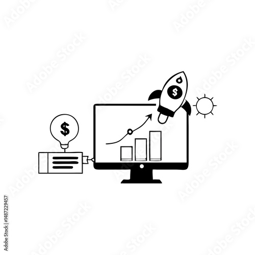 Rocket emerging from desktop screen with chart and dollar icon