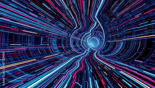 Neon Futuristic Tunnel: Digital Data Stream, Abstract Speed