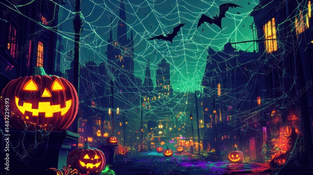 Obraz premium Spooky Halloween night scene in a city street with carved pumpkins, bats, and spiderwebs.