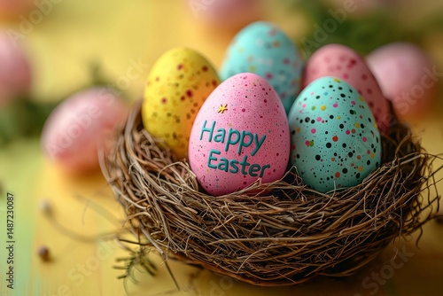 Colorful Easter egg in a nest with "Happy Easter" written, set against a yellow and pink background with copy space.